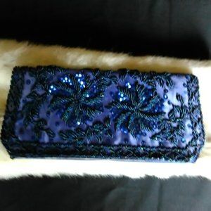 Vintage blue satin beaded clutch.